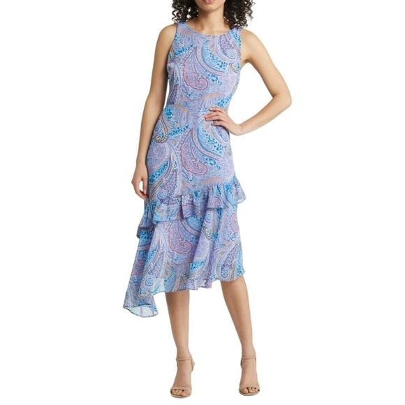 Sam Edelman Dresses & Skirts - SAM EDELMAN NWT Blue Paisley Print Asymmetrical Ruffle Midi 
Dress Size 12